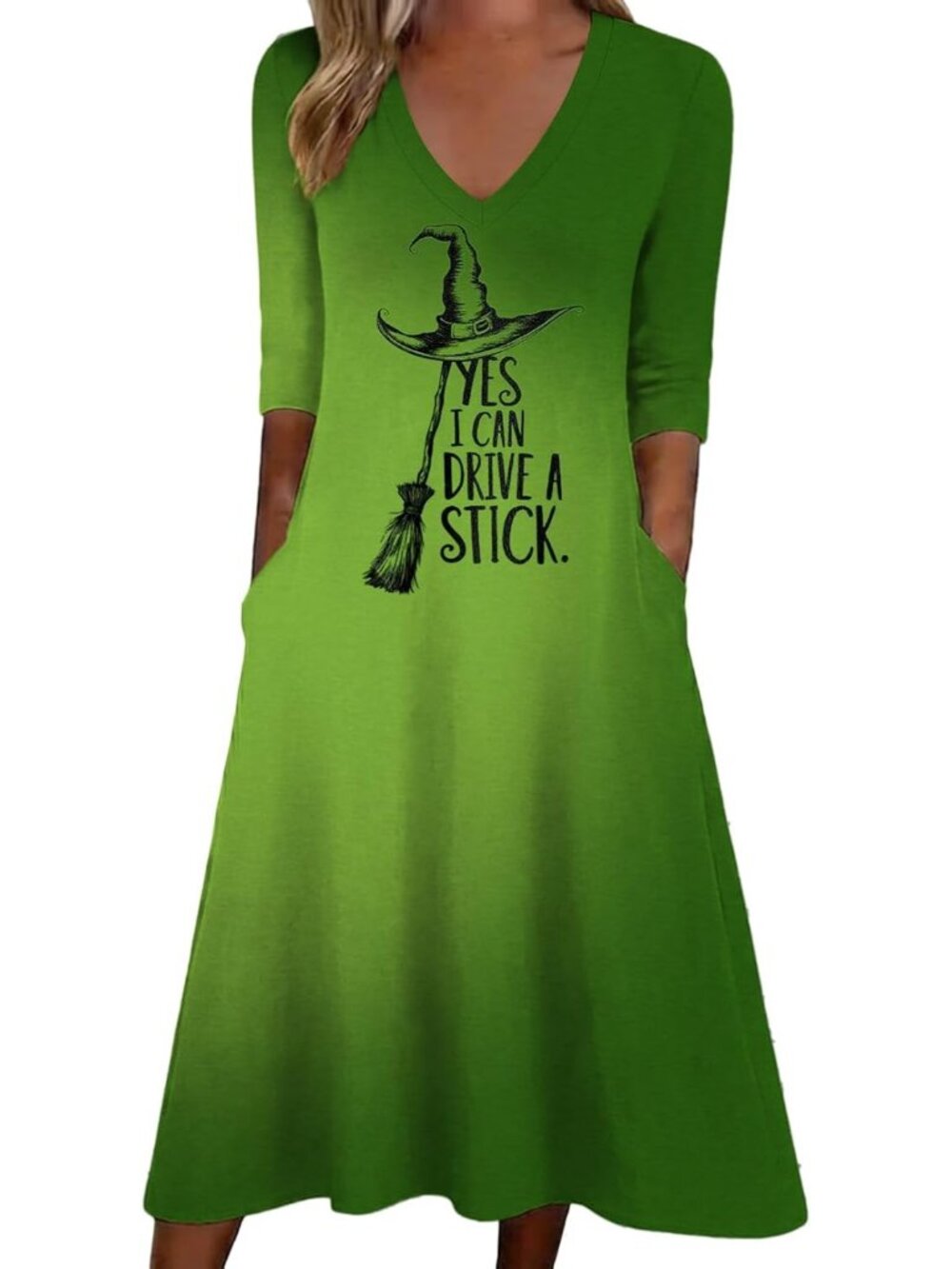 🆕 Women's Halloween Green Witch Dress Yes I Can Drive A Stick V-Neck Pockets